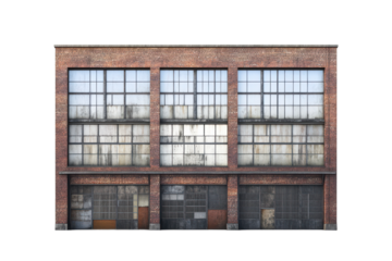 Old brick warehouse with large windows and weathered facade in an urban setting isolated on transparent background