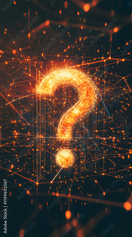 Leinwandbilder bright question mark made of light particles floating in a digital cyberspace network, suggesting un