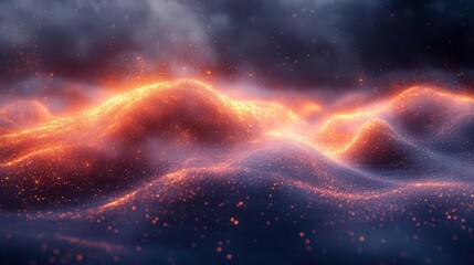 Fototapeta premium A mystical landscape with glowing orange waves, set against a dark, stormy backdrop, evoking a sense of energy and movement.