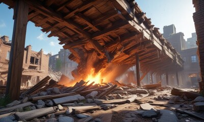Fototapeta premium A massive wooden beam comes crashing down from the roof of a collapsing building, falling debris, building collapse, wooden beam