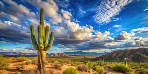 A majestic saguaro cactus standing tall in the middle of a desert landscape with clear blue sky and white clouds, sky, saguaro, greenery, cloud, outdoor