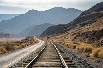Fototapeta premium A long, straight track of rails vanishing into the distance along a winding mountain road, distance, way, mountain road
