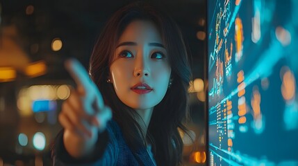 Closeup portrait of a focused and determined Asian businesswoman pointing at a digital screen during a professional presentation or meeting  She is showcasing financial data charts