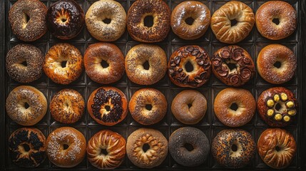 Fototapeta premium an assortment of bagels with different variations and flavors, shot from above