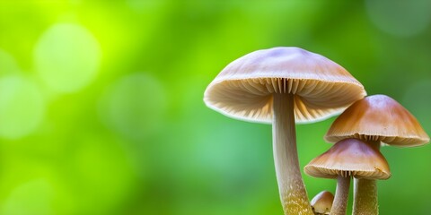 Fototapeta premium A close-up view of two mushrooms with smooth caps and long stems, set against a vibrant green blurred background. Concept Close-Up Photography, Mushroom Details, Nature's Fungi, Green Background