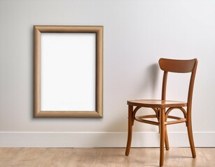 wooden chair and blank frame on white wall