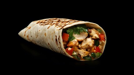 Flavorful Chicken Shawarma Wrap with Fresh Vegetables and Tahini Sauce on Black Background
