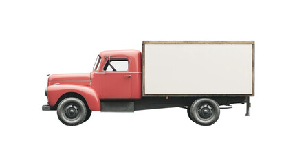 A vintage red delivery truck with a blank white side, isolated on a white background, ideal for advertising and promotional materials.