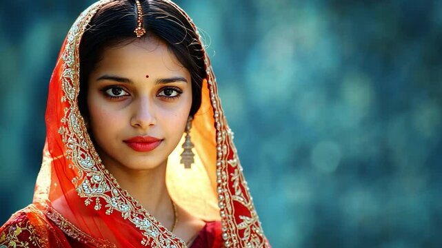 Radiant Beauty in Red: A young woman with captivating eyes, adorned in a vibrant red sari and traditional Indian jewelry, gazes serenely at the camera. Her beauty is enhanced by the soft.