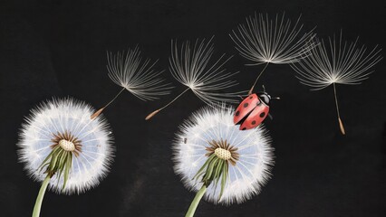 Ladybug on a dandelion seed head with others blowing in the wind A delicate balance of nature's beauty