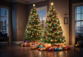A Christmas tree adorned with colorful ornaments and shiny garlands, holiday embellishement, christmas tree