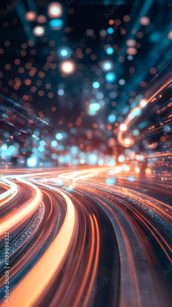Fototapete Light trails and particles flowing on highway, creating a futuristic data traffic visualization