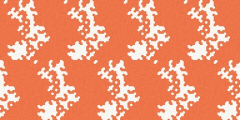 Faded peach fuzz glitch geo washed effect seamless banner. Orange dye grungy blotched distress abstract background texture border. 