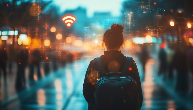 Traveler with suitcase, facing a virtual location marker and wifi symbol, capturing the digital age of travel, navigation, and technological advancements