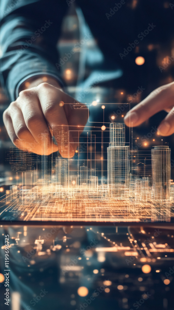 Aufkleber Architect interacting with a holographic projection of a futuristic smart city on a digital tablet, highlighting innovation and technology
