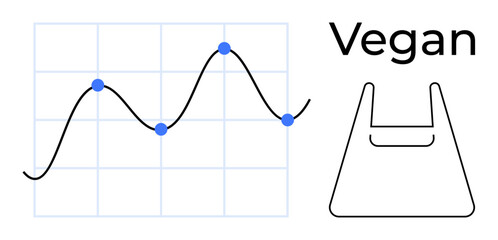 Line chart with blue data points on grid, bold Vegan text, minimalist shopping bag outline. Ideal for data analysis, sustainability, vegan lifestyle, eco-friendly practices, shopping, minimalism