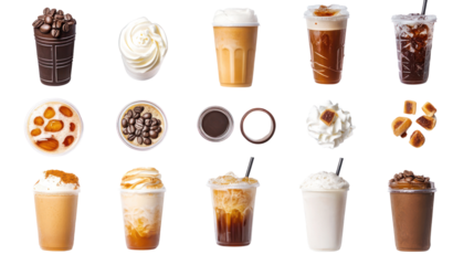 A variety of delicious coffee drinks including iced, whipped, and flavored options displayed on a white background.