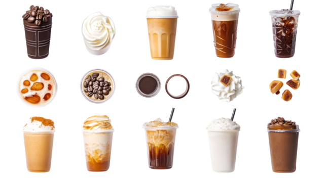 A variety of delicious coffee drinks including iced, whipped, and flavored options displayed on a white background.