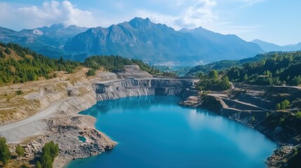 Fototapeta premium From above, the sprawling open-pit mining quarry reveals its terraced layers and vibrant blue water, framed by a picturesque mountain backdrop.