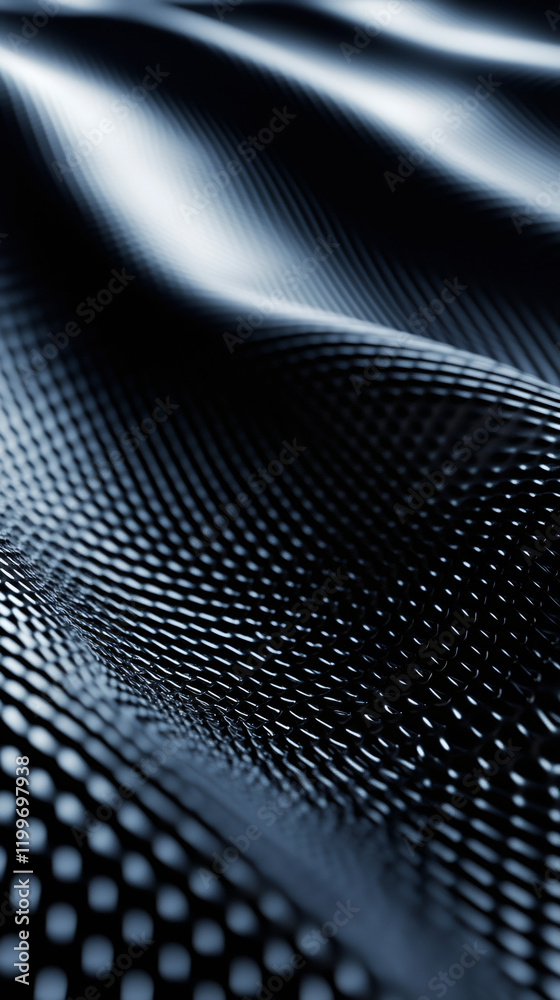 Poster metallic mesh creating fluid, luminous patterns, casting soft shadows and reflecting light in contem
