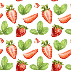 Seamless pattern with bright berries, strawberry slices and leaves. Sweet healthy dessert, cooking ingredients. Decorations for a festive table, a summer party. Hand-drawn illustrations, background