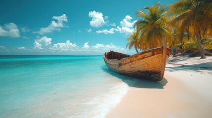 Fototapeta premium Wooden boat on tropical beach, palm trees.