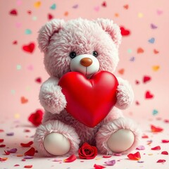  Valentine's Day Concept Adorable Teddy Bear Holding Heart with Confetti and Rose Petals