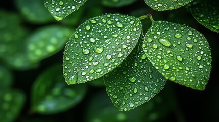 Close-up of lush green leaves covered in dew drops after rain.