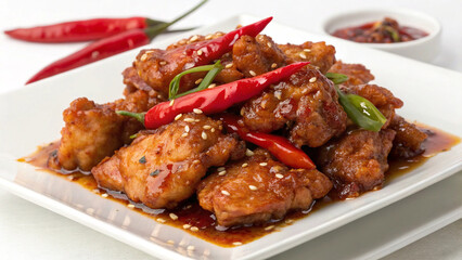 Fototapeta premium Fried Chicken with Chili on white bow
