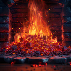 A detailed image of a roaring, reddish-yellow fireplace with glowing coals The brick setting and realistic style convey warmth and comfort - AI-Generated