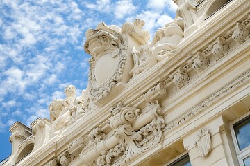 Naklejka premium Ornate Stone Carvings Adorn a Classic Building Facade
