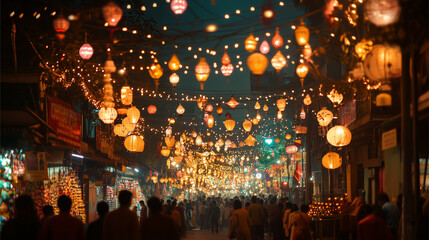 Festival of Lights, the streets are filled with decorative lights and hanging lanterns, with crowds...