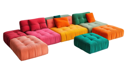 A vibrant and modern sectional sofa featuring a mix of colors including pink, orange, and teal, ideal for contemporary living spaces.