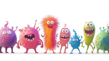 Obraz premium A whimsical depiction of a bacteria party, animated characters, joyful expressions, isolated on white background