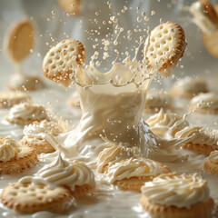 Obraz premium A vibrant, whimsical image of milk and golden-brown cookies in dynamic splash Milk cascades onto biscuits in white background - AI-Generated