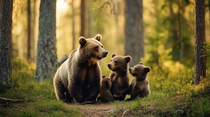 Fototapeta premium Brown bear family interacts playfully.