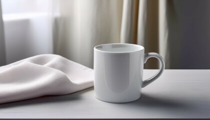 a white mug sits on a table next to a white cloth the mug is empty and the cloth is folded the scene is simple and uncluttered with a sense of calmness and relaxation