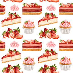 Seamless pattern with berry confectionery. Cake, cheesecake, cupcake decorated with juicy strawberries and cream. Decorations for parties, holidays. Hand drawing, on white background