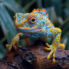 Obraz premium Close-up image of a colorful lizard on a surface, with an intricate scale pattern in blue, green, orange, and yellow The lizard is alert, possibly interacting with its environment - AI-Generated