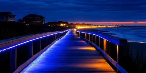 Illuminated Nighttime Beach Boardwalk Scenic Coastal View with Ocean at Dusk