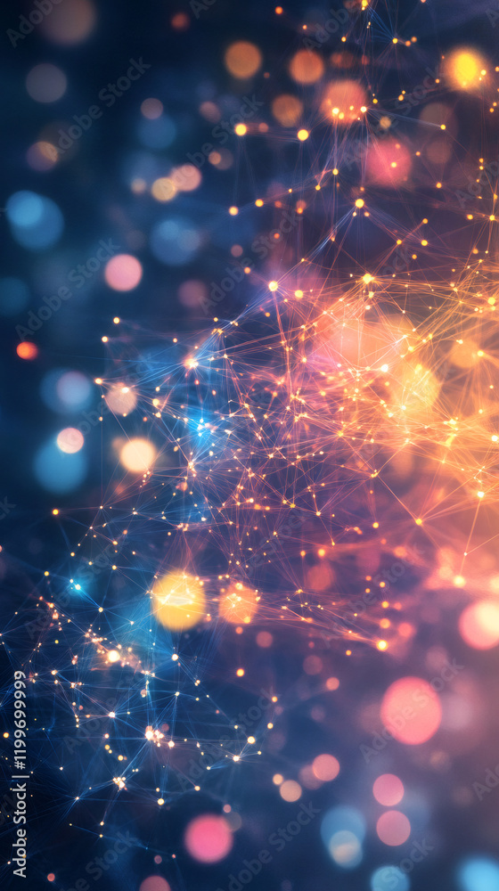 Poster complex network of interconnected glowing nodes and colorful bokeh lights forming an abstract plexus