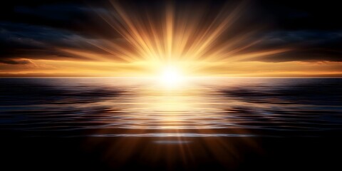 Fototapeta premium A stunning sunrise over the ocean, with vibrant orange and yellow rays reflecting on the water. Concept Sunrise Over Ocean, Vibrant Colors, Reflection on Water, Serene Scenery, Nature's Beauty