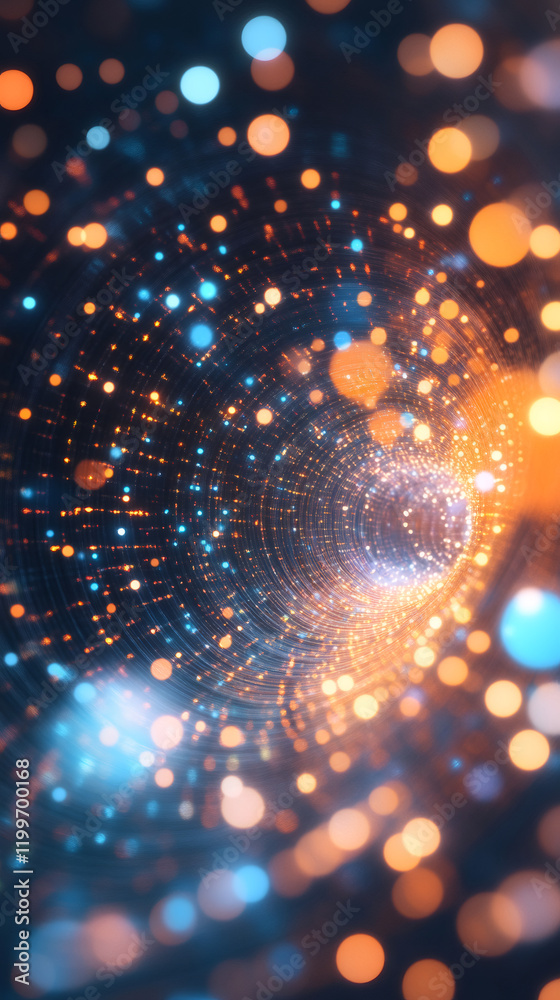 Fototapete bokeh swirling orange and blue lights forming ethereal tunnel, evoking technological sci-fi backdrop
