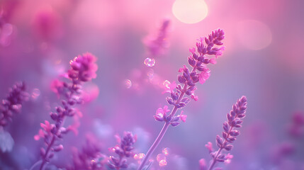 Naklejka premium Bright pink and purple glitter blending with blooming lavender flowers under soft light during a serene afternoon