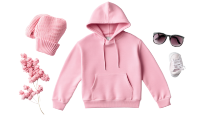 Stylish pink hoodie paired with accessories including a knitted beanie, sunglasses, sneaker, and a flower, all arranged on a white background.