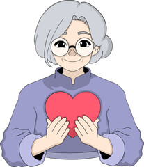 Smiling Grandma Holding a Red Heart Symbol of Eternal Love