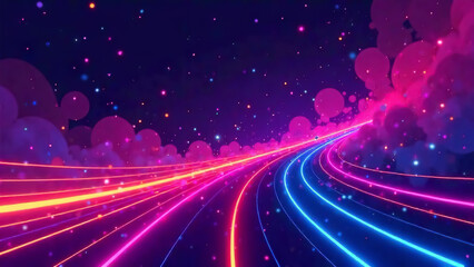 Neon rays pass along the road and go beyond the horizon of the space planet.