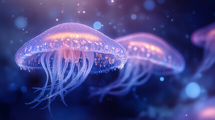 Obraz premium Suspended glitter particles create a magical underwater world with vibrant jellyfish floating gracefully in a translucent environment