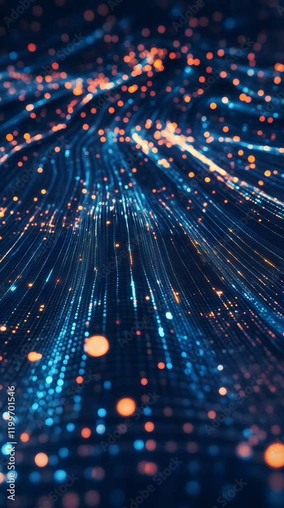 Poster digital wave of vibrant blue and orange particles swirling, representing technological momentum and 