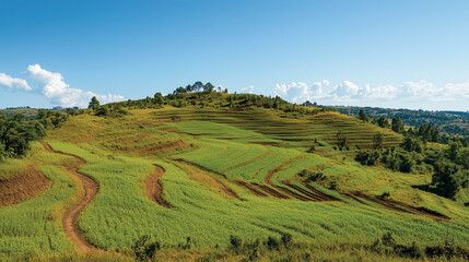 Fototapeta premium A field of green grass with a dirt road running through it
